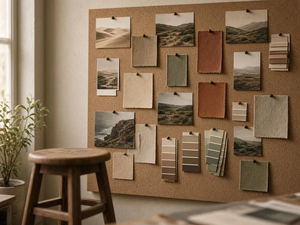A cork board pinned with landscape prints, fabric swatches and paint chips in sand, rust and olive