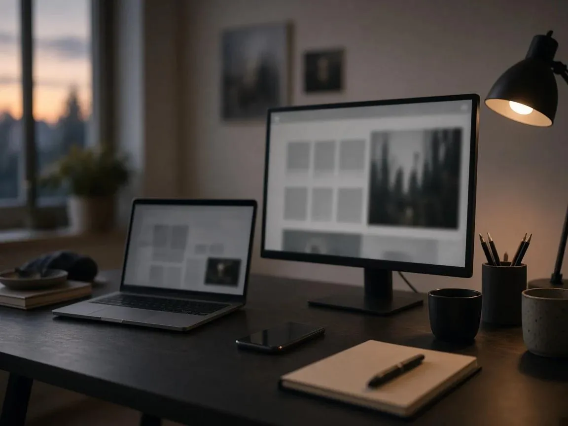A studio desk at dusk with a laptop and a monitor showing a website layout, a phone and a notebook