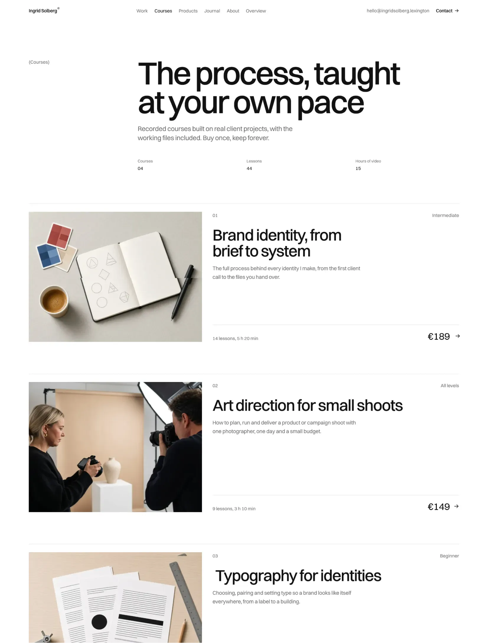 Ingrid Solberg's courses page on brand identity and typography
