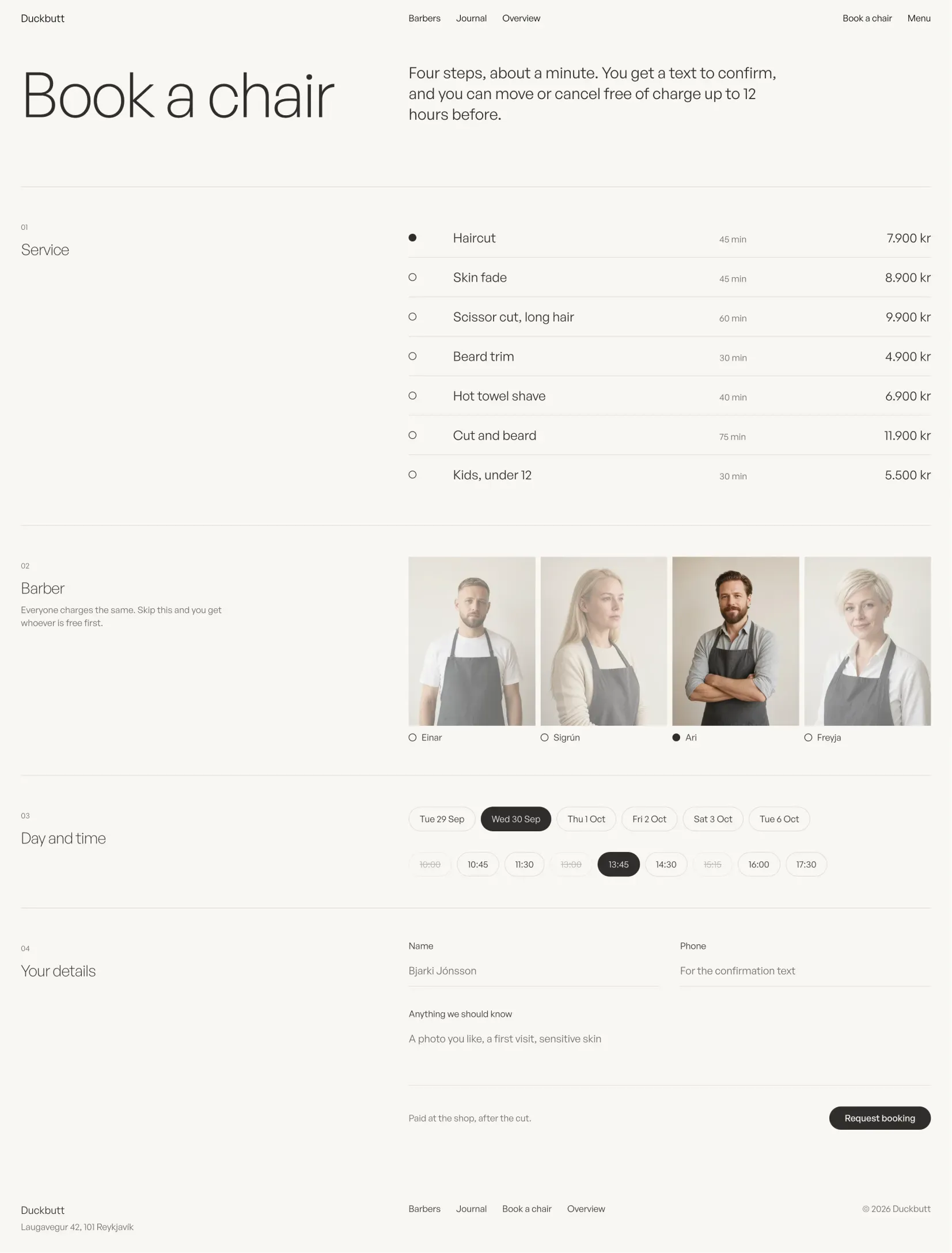 The Duckbutt booking page for choosing a chair and a time