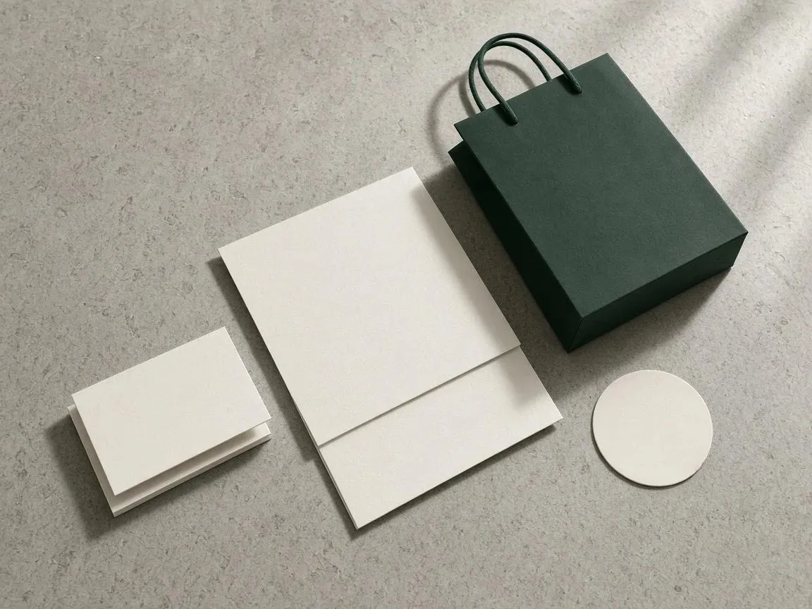 Blank business cards, a letterhead, a round sticker and a dark green paper bag on grey stone