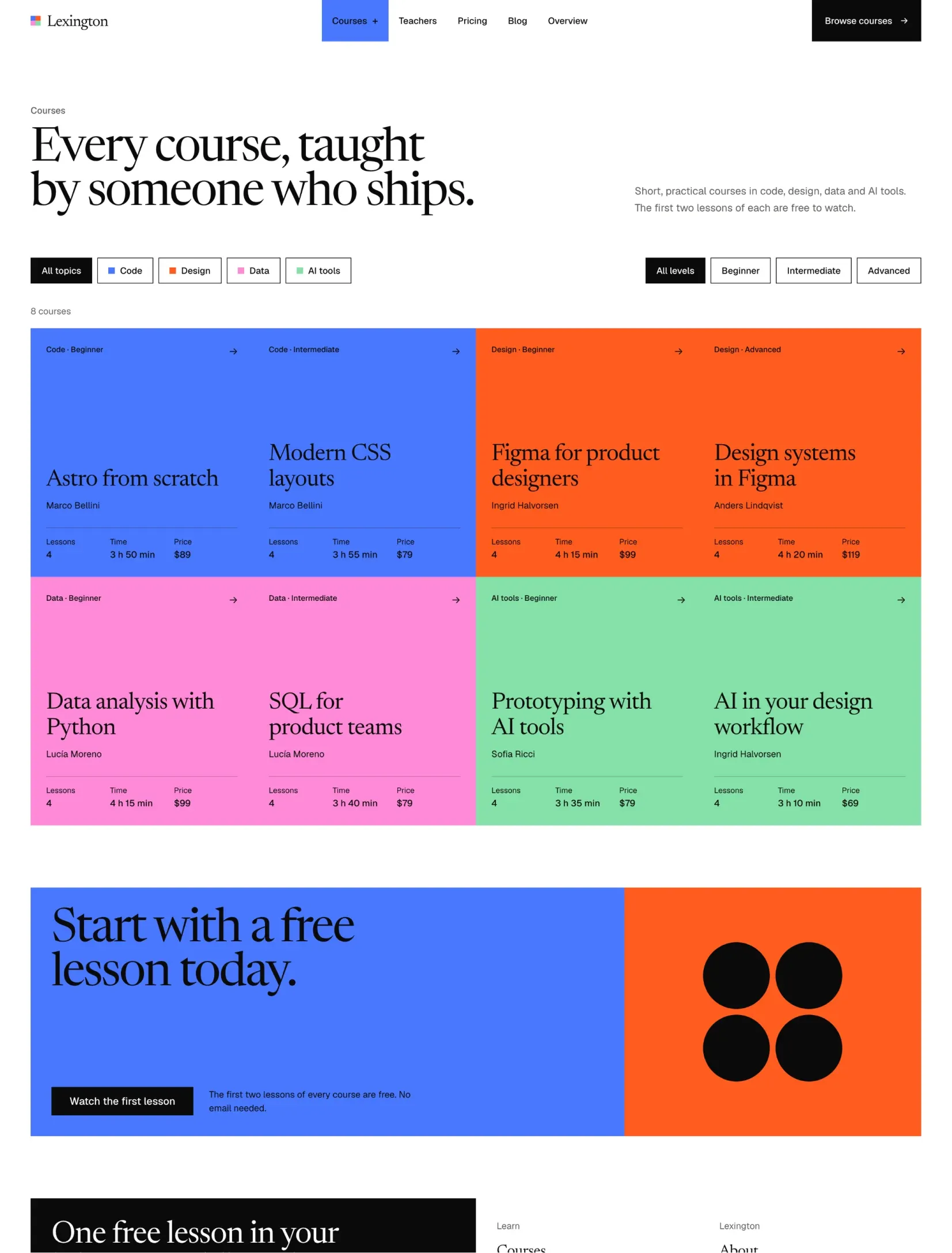 The Enlightr course catalogue in blue, orange, green and pink blocks