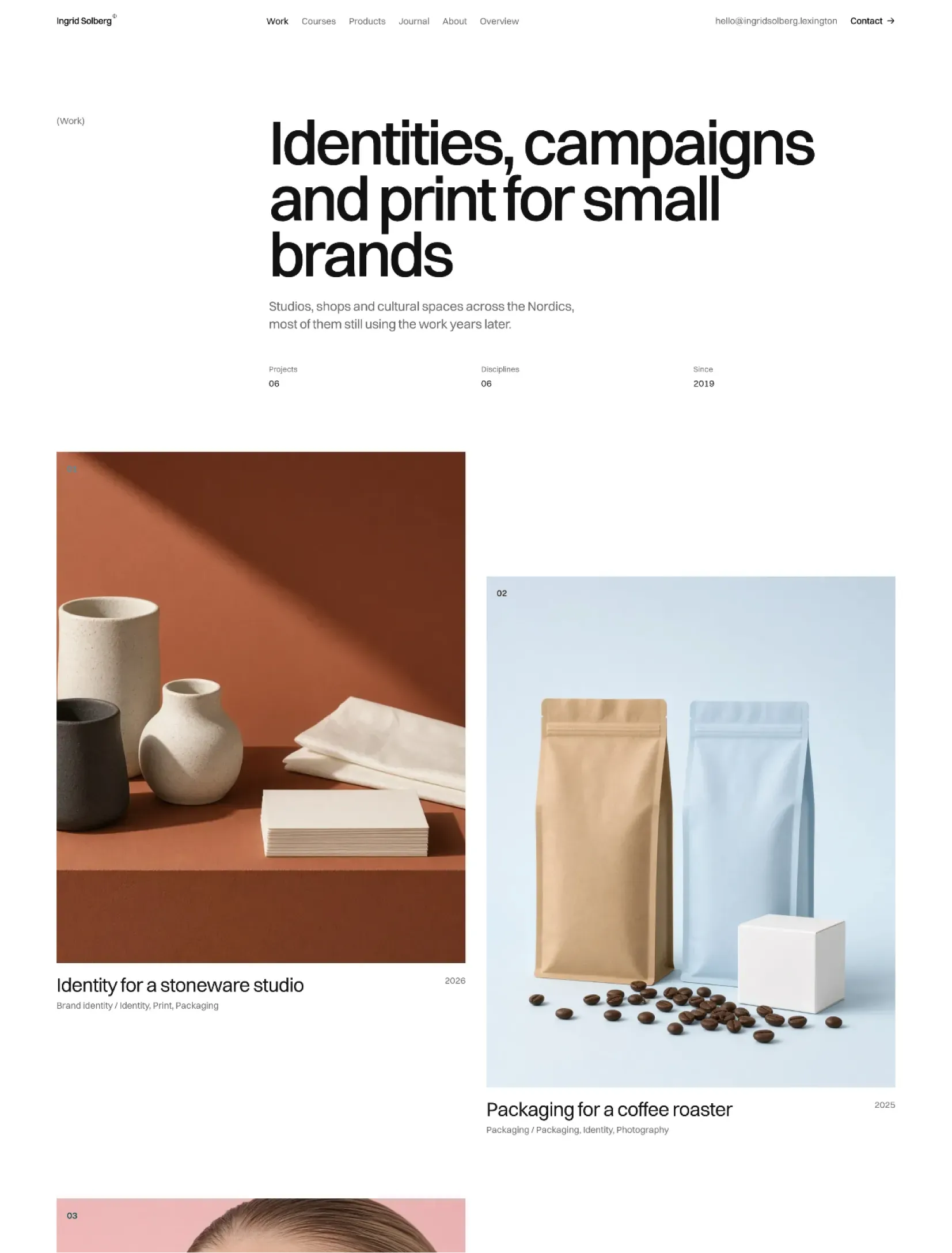 Ingrid Solberg's work page with identities, campaigns and print for small brands, showing a ceramics still life and coffee bags
