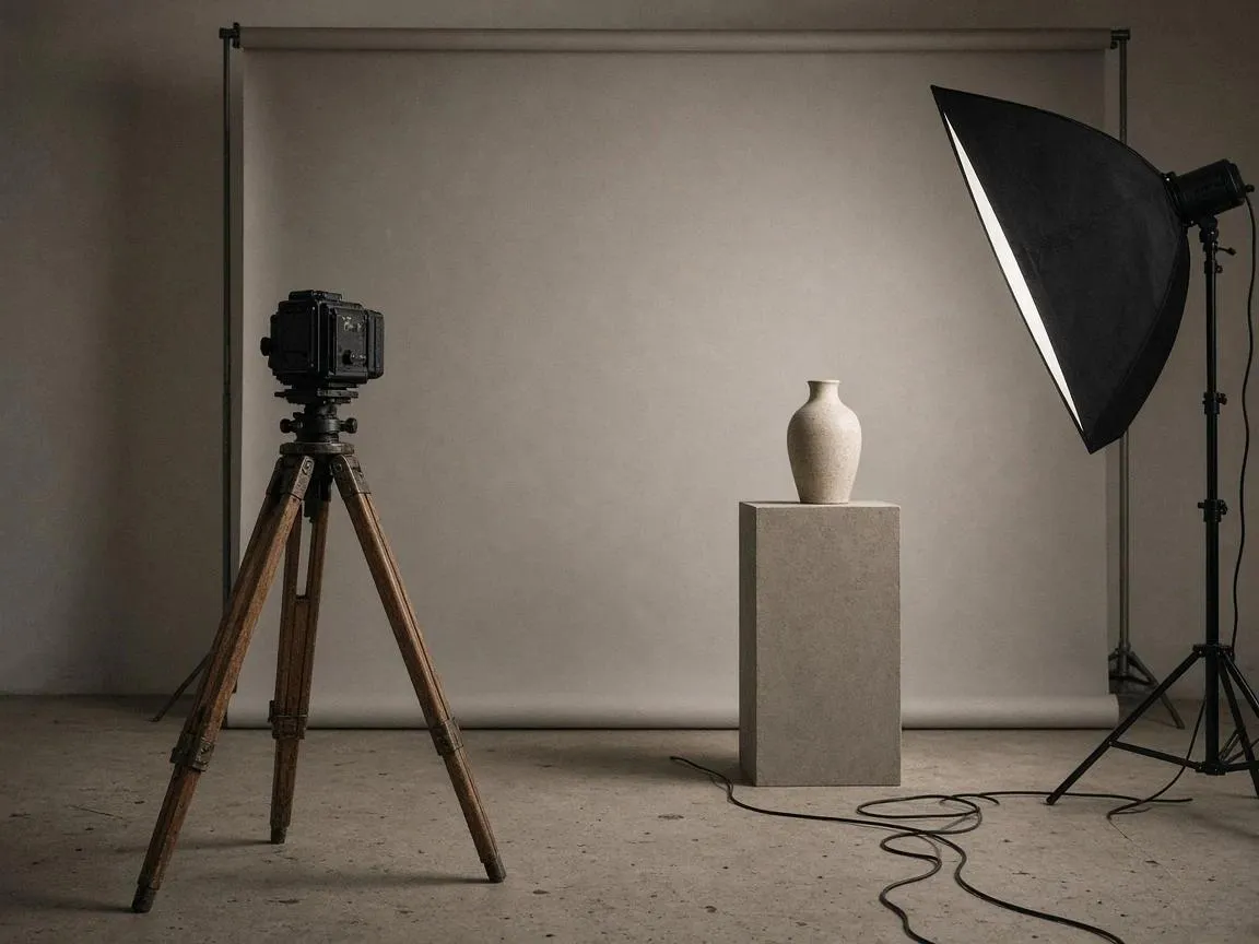 An empty photo studio with a camera on a wooden tripod facing a ceramic vase on a plinth and a soft box light