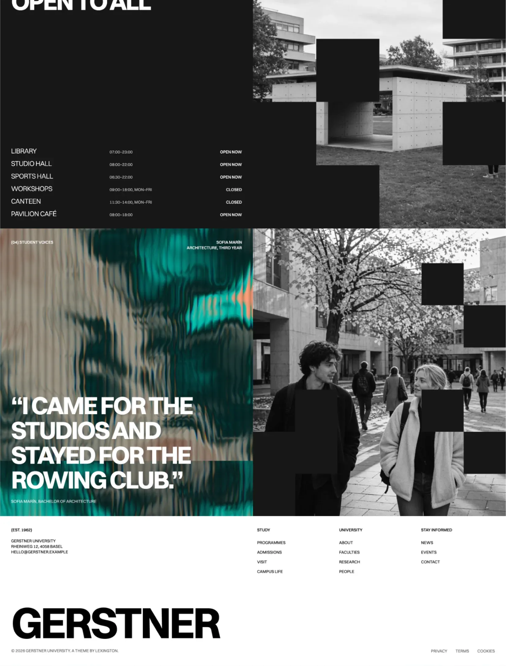 The Gerstner campus page with black and white photographs of buildings and students