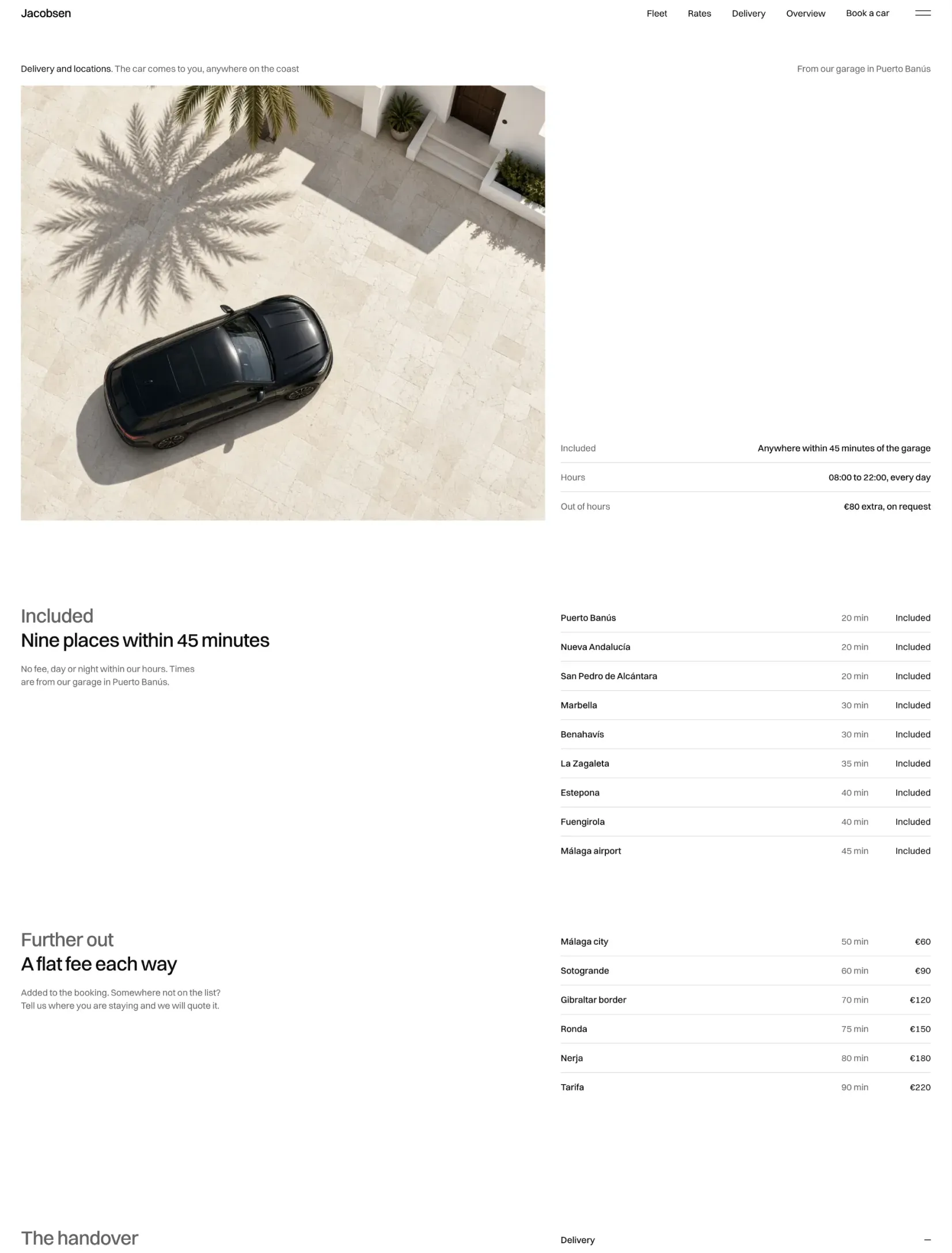 The Jacobsen delivery page with a car key on a beige surface