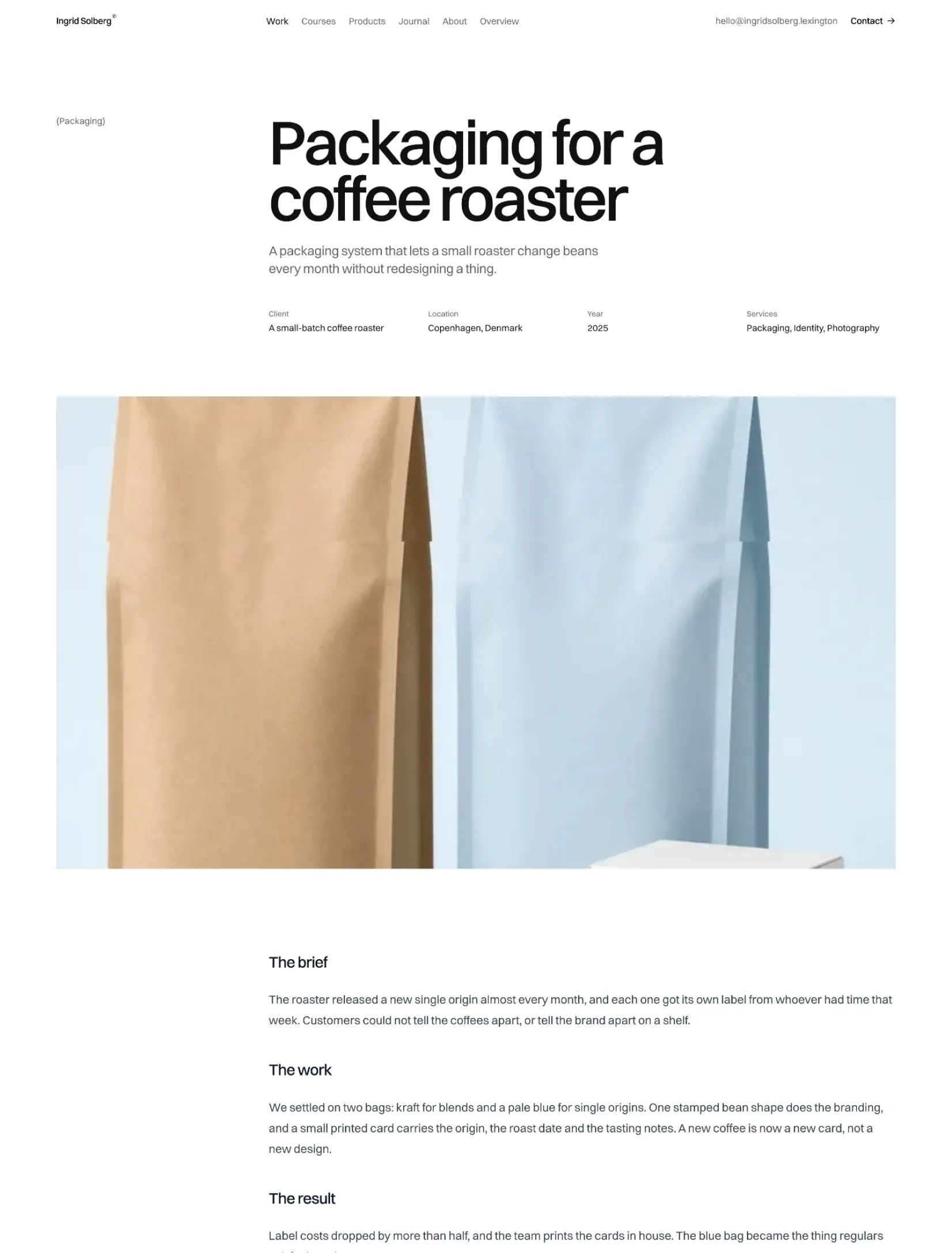 Ingrid Solberg's case study of packaging for a coffee roaster, with tan and blue bags