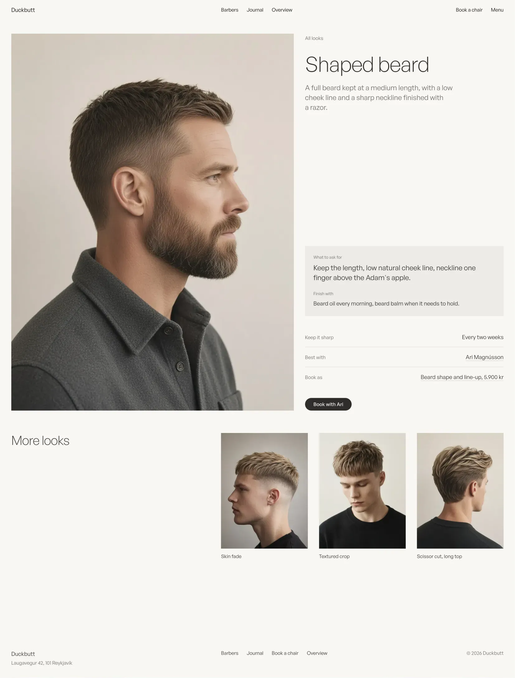 The Duckbutt service page for a shaped beard with a profile portrait