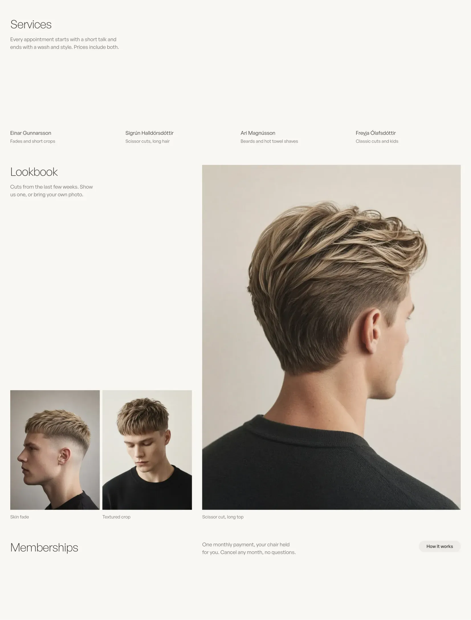 The Duckbutt services page with a lookbook of haircuts photographed from behind and the side