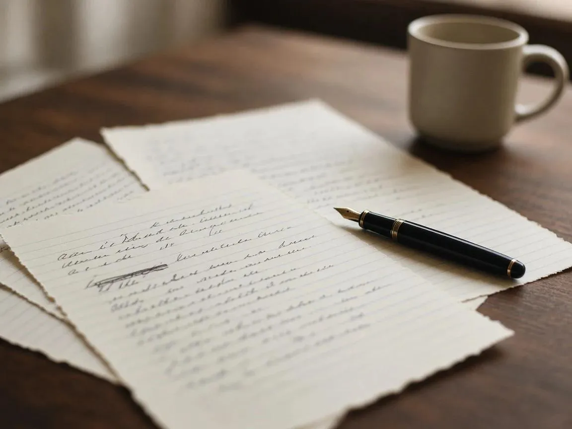 Pages of handwritten lists on lined paper with a fountain pen and a mug on a walnut desk
