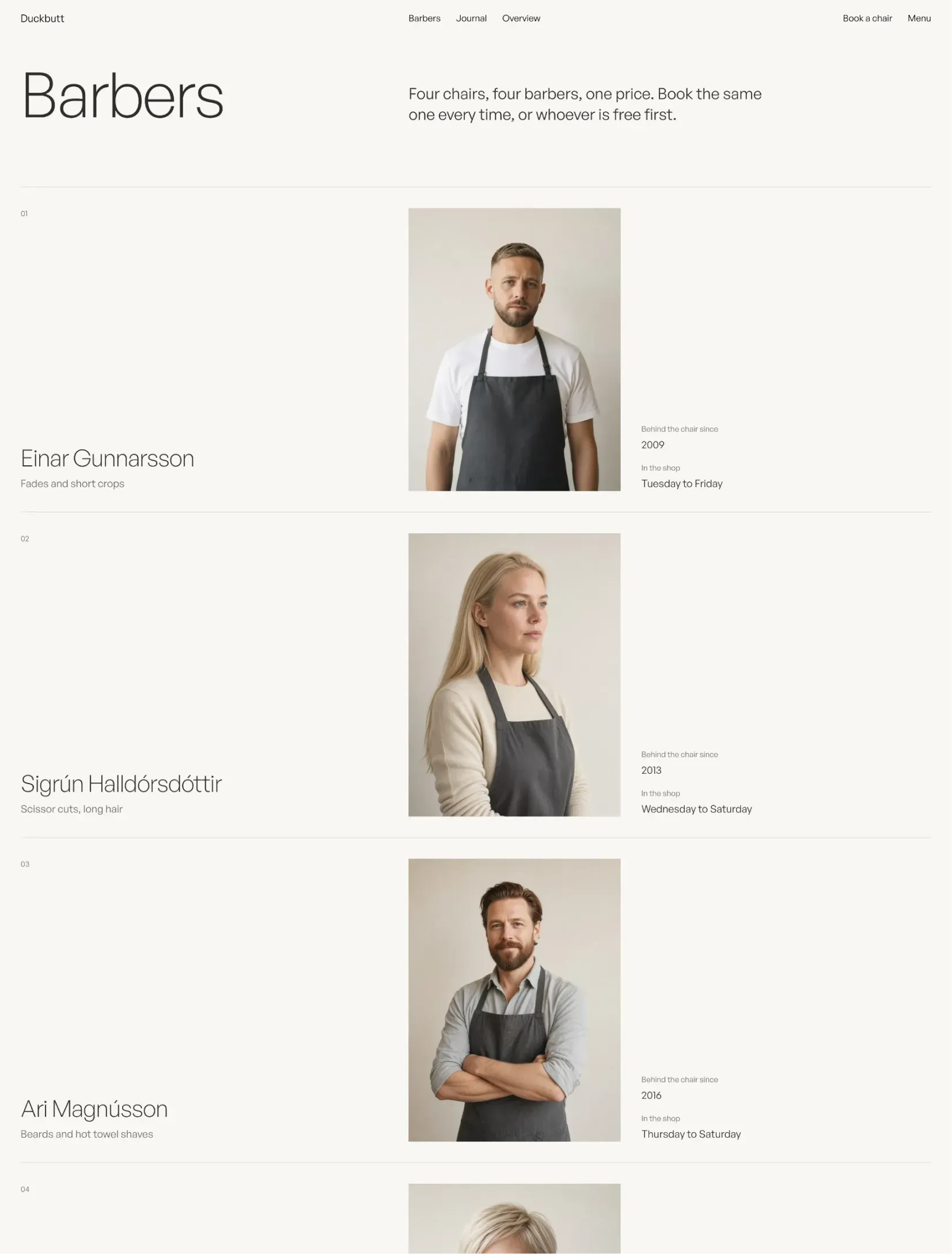 The Duckbutt barbers page with portraits of three barbers in aprons