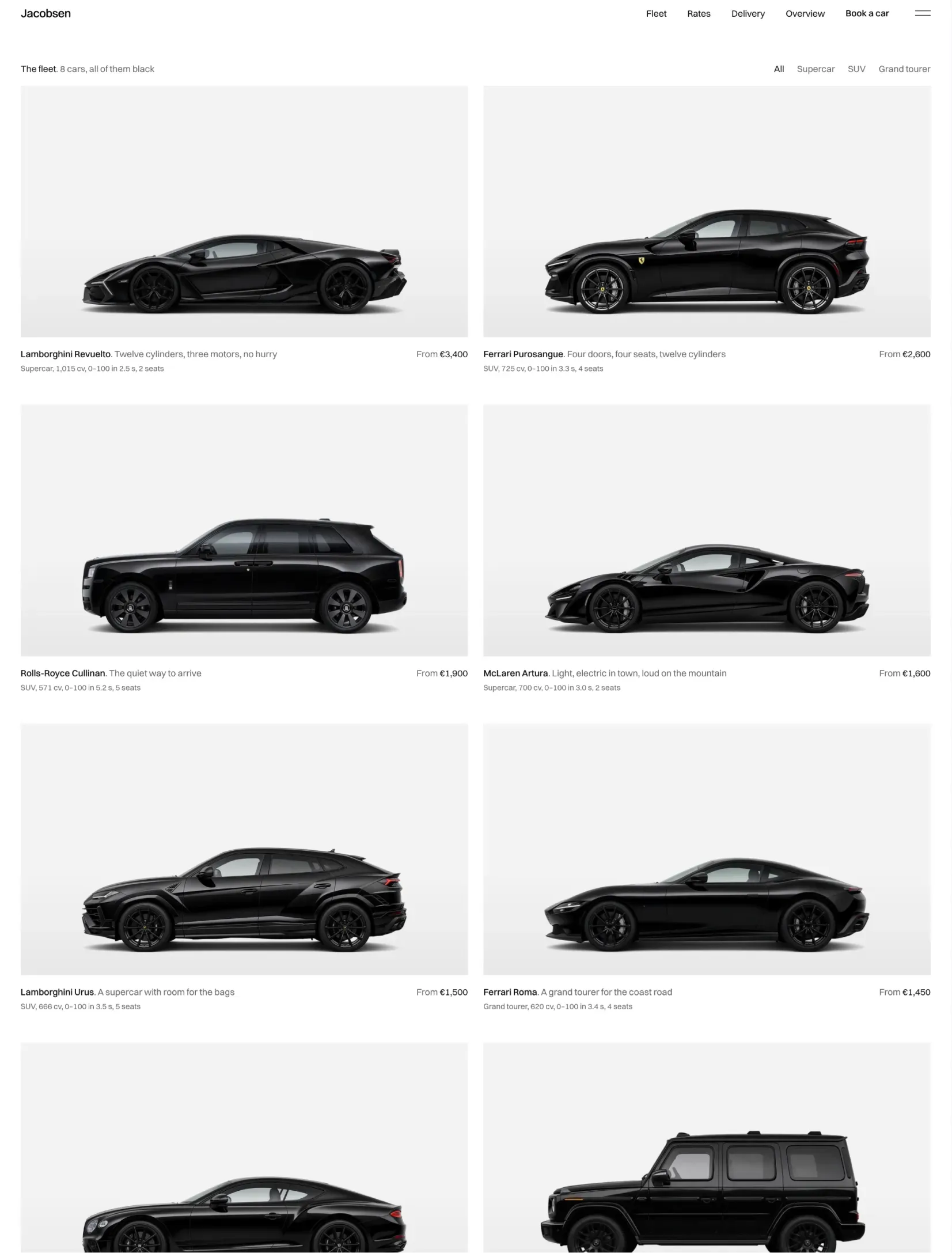 The Jacobsen fleet page with six black cars in a grid