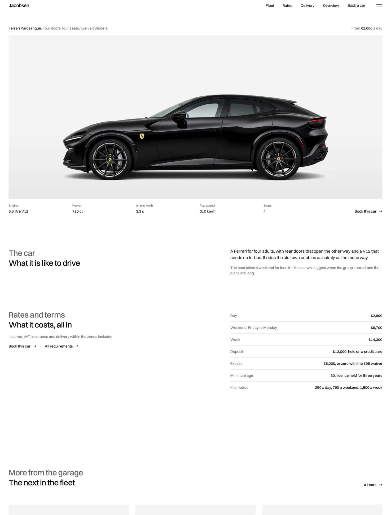 The Jacobsen model page with a black coupe in profile and its rates