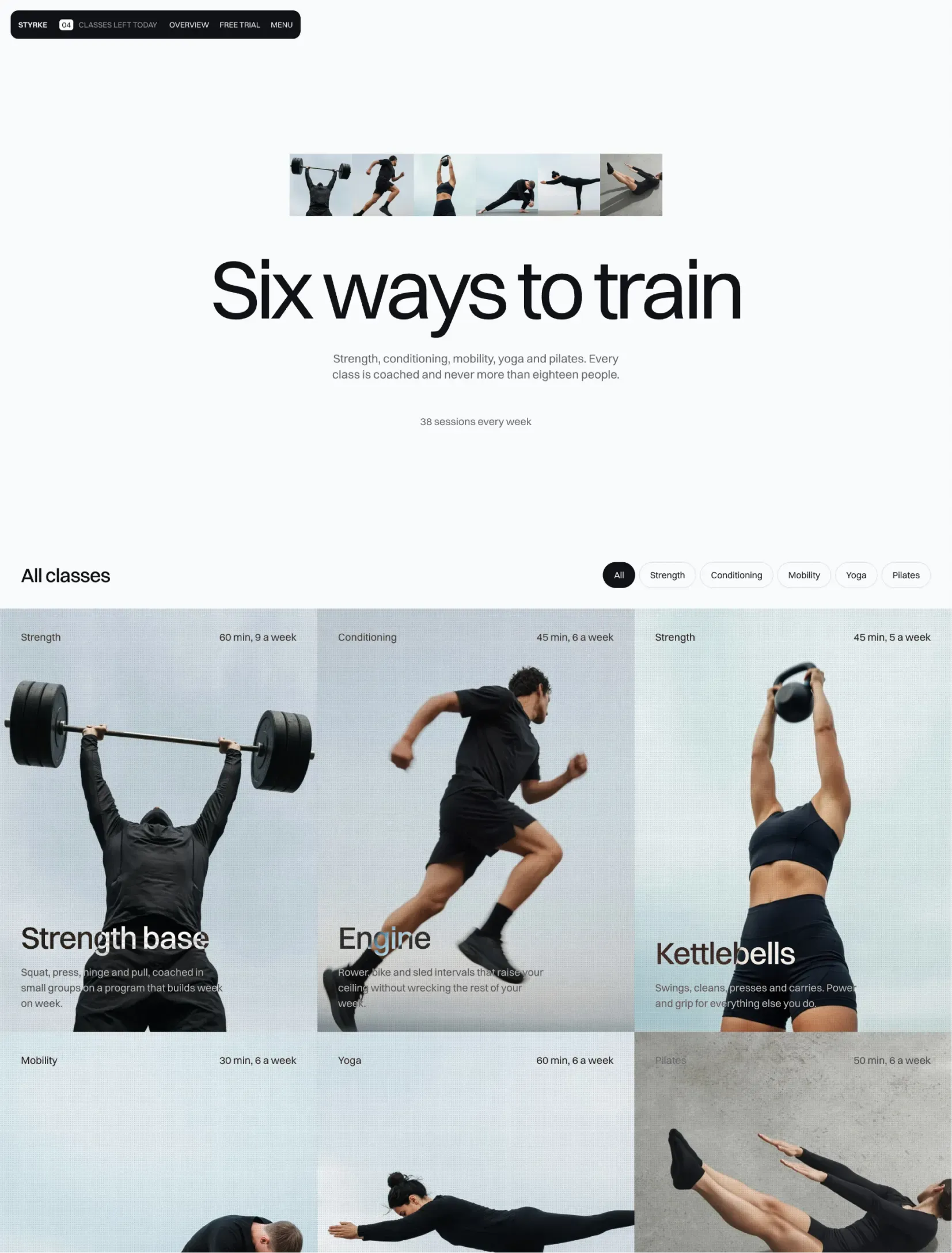 The Coleman classes page listing six ways to train, each with an action photograph